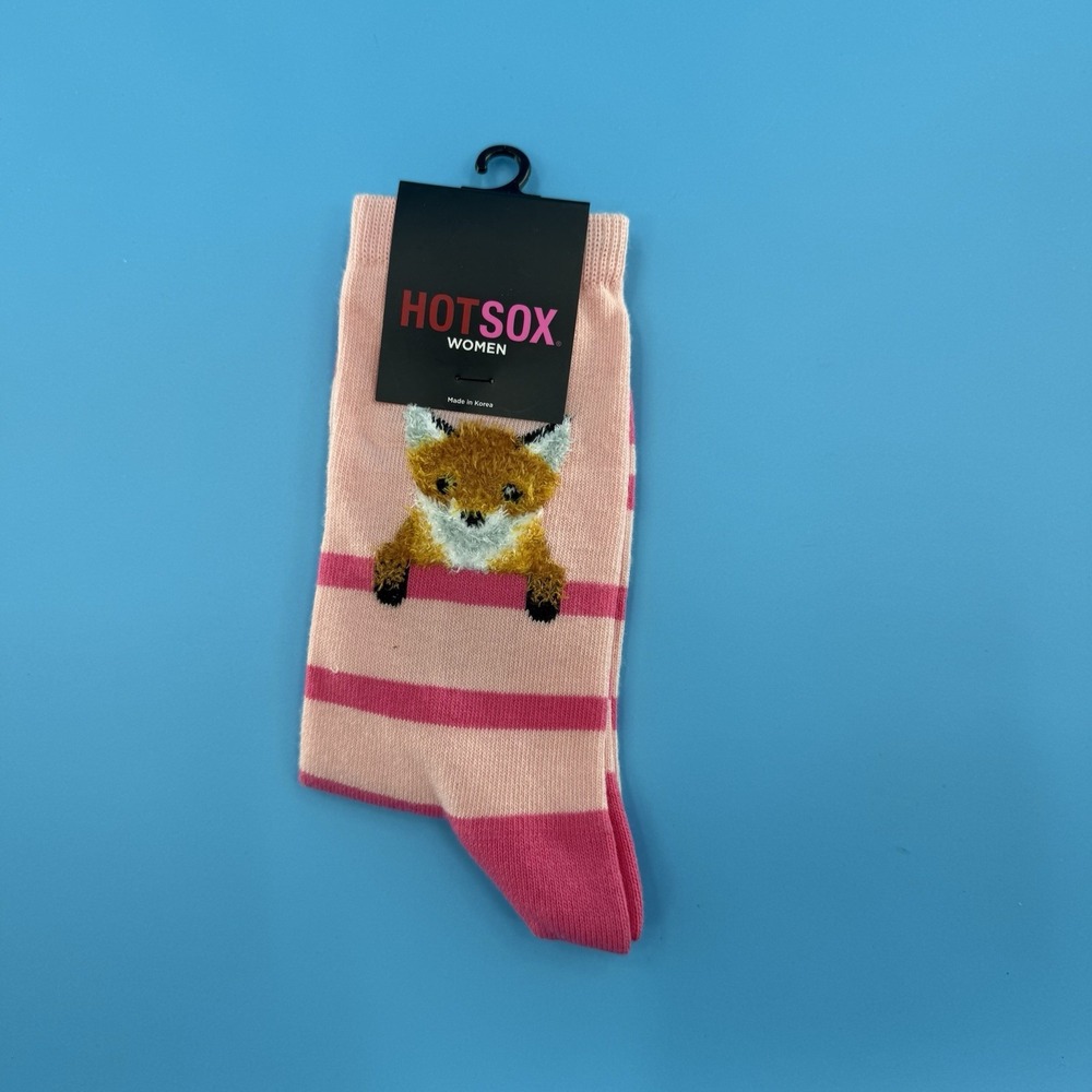 Hot Sox Women's Fox Crew Socks Pink Striped Fuzzy Animal Size 9–11 New